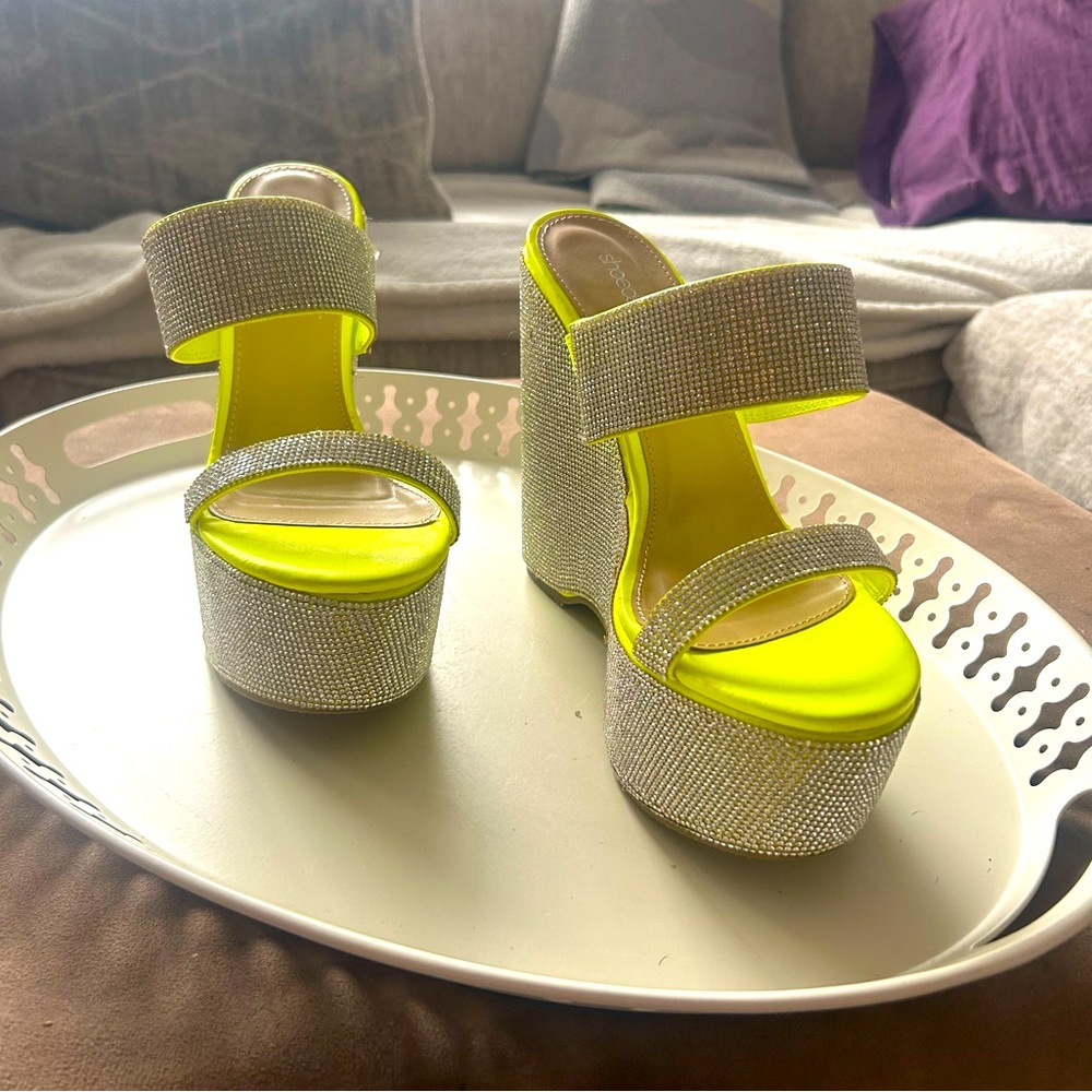 Sparkle Rhinestone Neon Yellow Platform Wedge Sandals